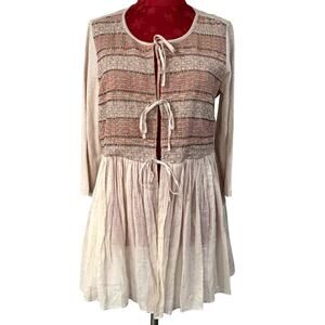 LOGO Lavish Cream tie front top 3/4 sleeve brocade bead embellished Boho size S